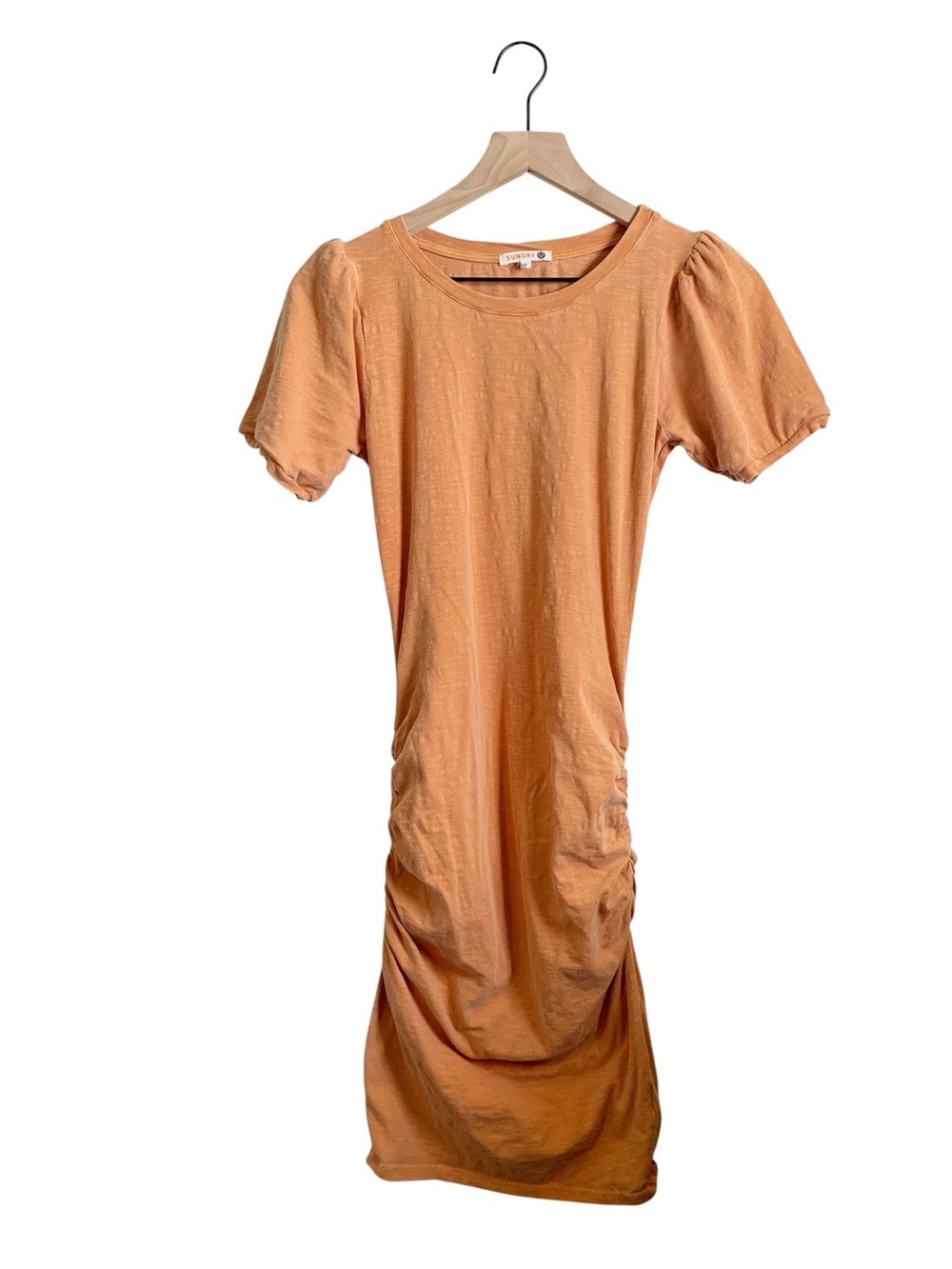 Sundry Lightweight Peach Orange Puff Short Sleeve Midi Dress with Side Ruching